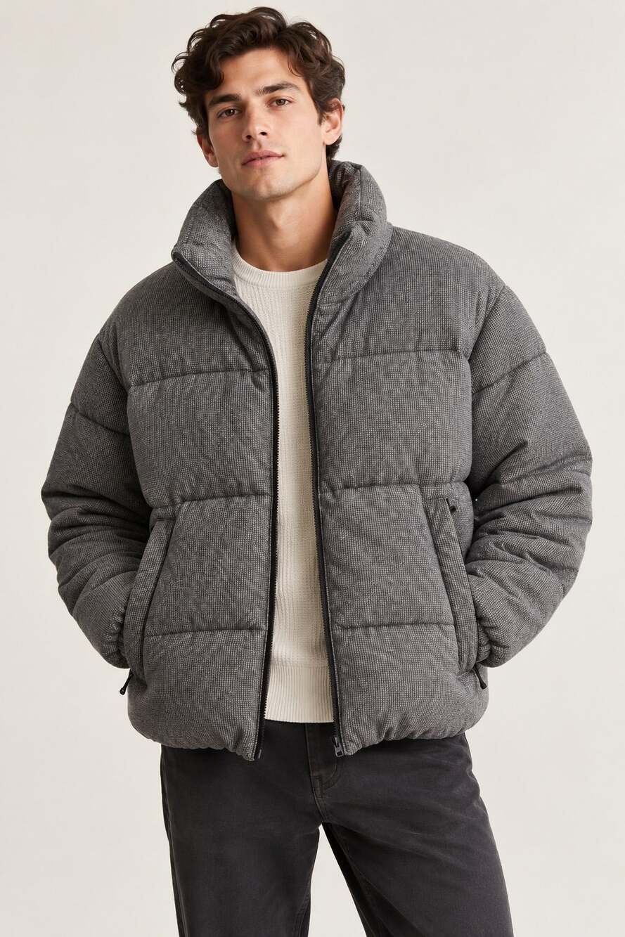 Abercrombie & Fitch Men’s Relaxed Houndstooth Tweed Puffer Jacket Gray Large
